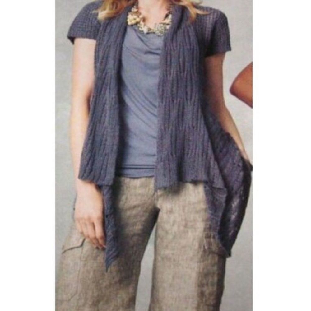 CAbi Purple Blue Short Sleeve Open Knit Linen Open Front Cardigan Sweater Small